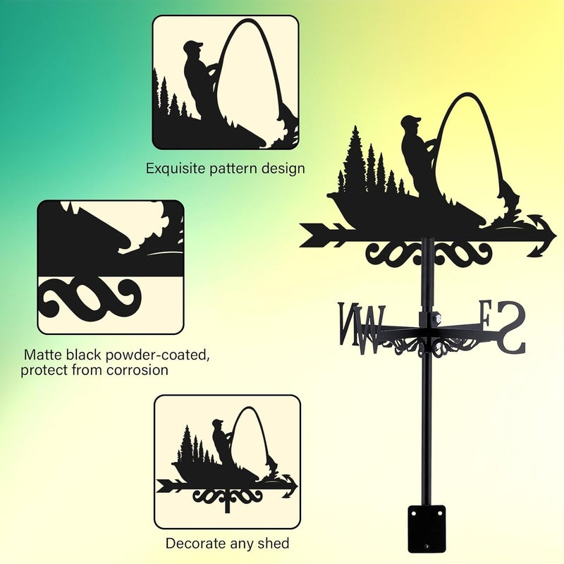 BEUNITONE Fishing Weathervane 26” Height Black Metal Fisherman Wind Vane Animal Ornament Garden Stake Weather Vane Fishing Design Windmill Wind Cups & Brackets for Farmhouse Outdoor Yard Decoration - Image 3